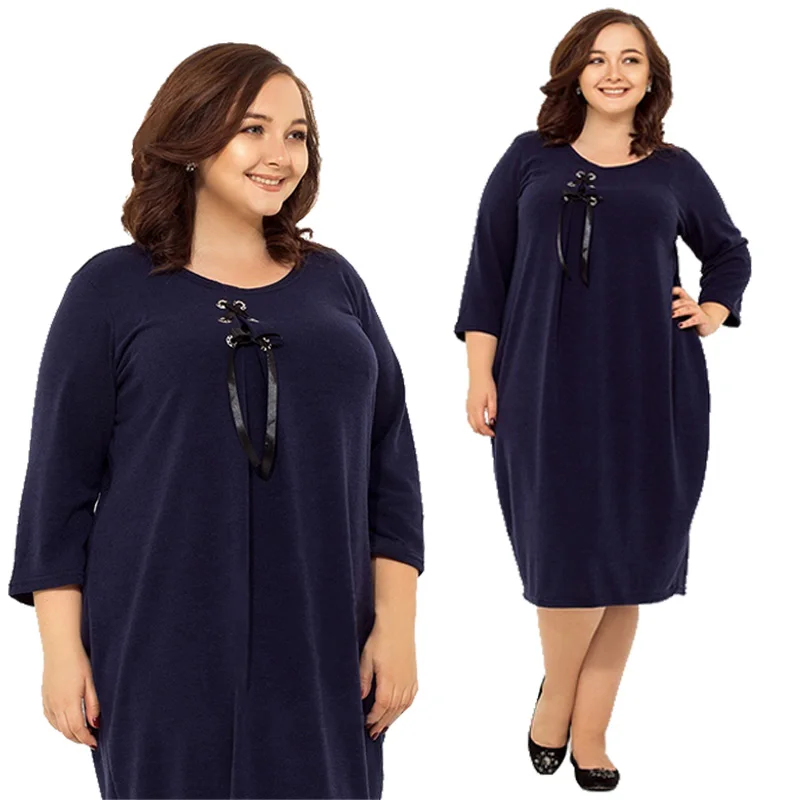 5XL 6XL осенне-зимнее свободное Повседневное платье длиной до колена размера плюс, женская одежда, однотонные платья больших размеров синего и темно-синего цвета Vestidos - Цвет: navy