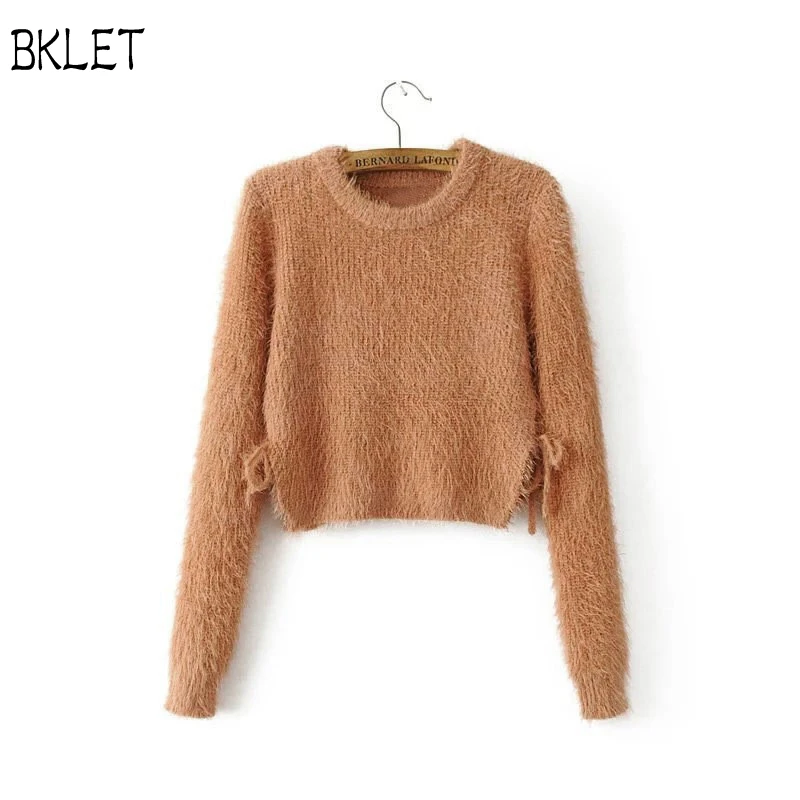 2018 New Autumn Women Wool Cropped Jumpers Fluffy Mohair Hollow Out A Bow Tie Sweater Mujer Pullover Short Sweaters Crop Top | Женская