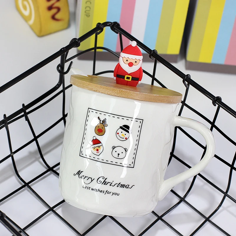 Керамическая кружка с деревянной крышкой и совок Снеговик Санта Клаус детские