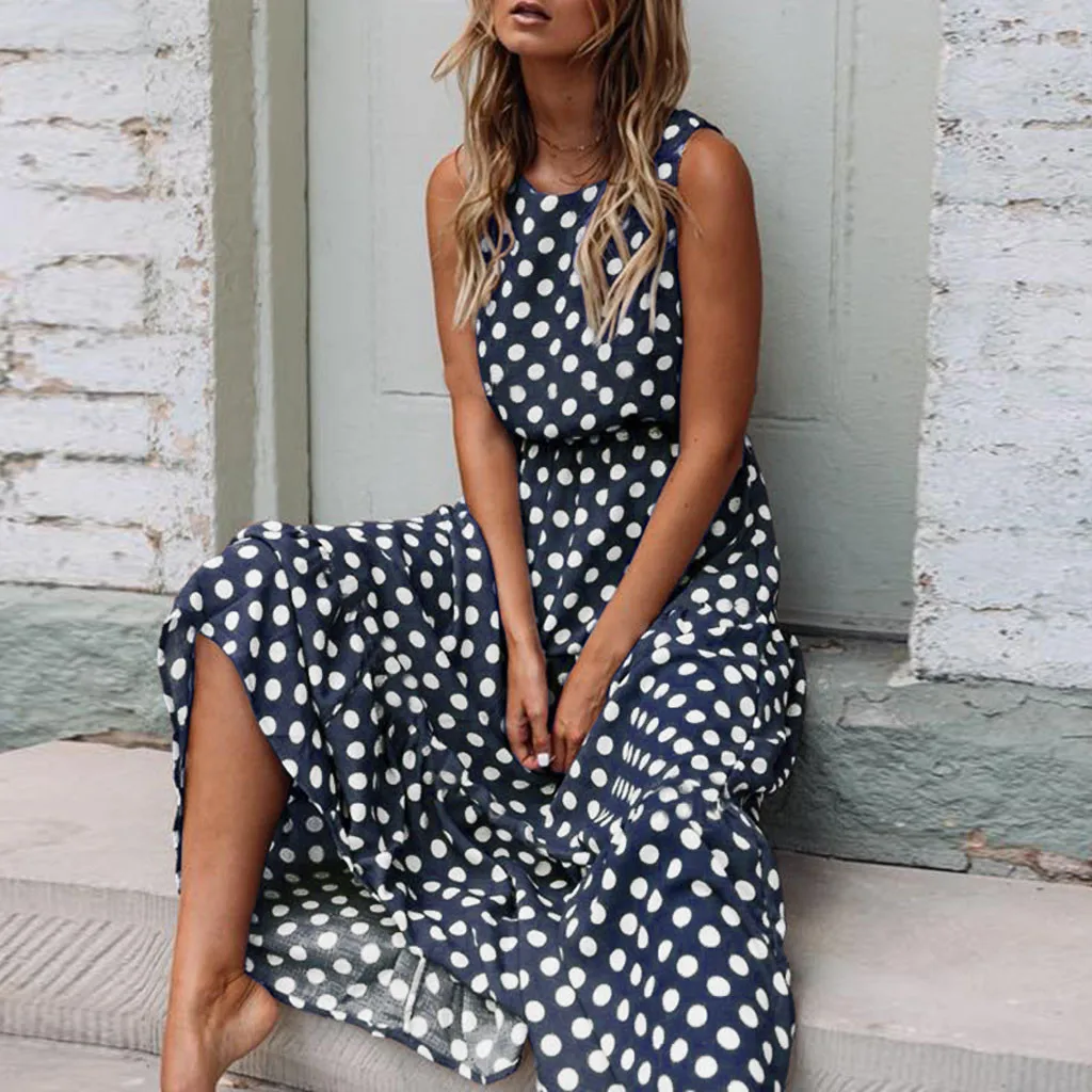 Модное летнее сексуальное длинное платье в горошек с круглым вырезом без рукавов