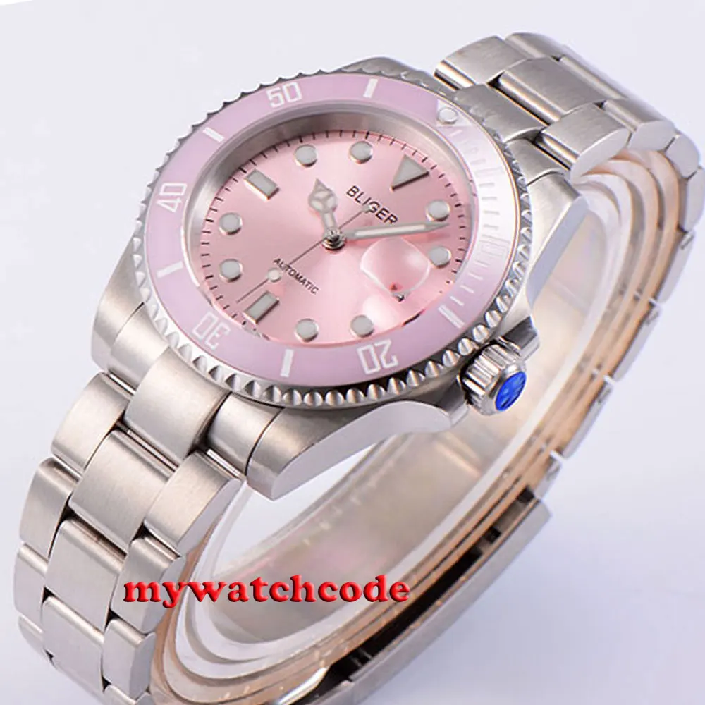 40 мм розовый циферблат винтажный сапфировый кристалл автоматический механизм