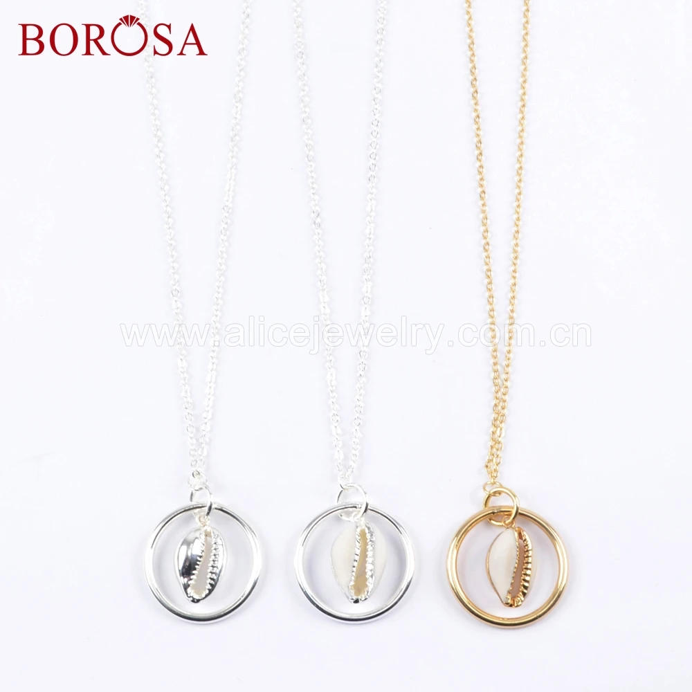 

BOROSA 5PCS 30inch Gold/ Silver Color Natural Cowrie Shell Necklace With Round Circle Shell Pendant Necklace G1679
