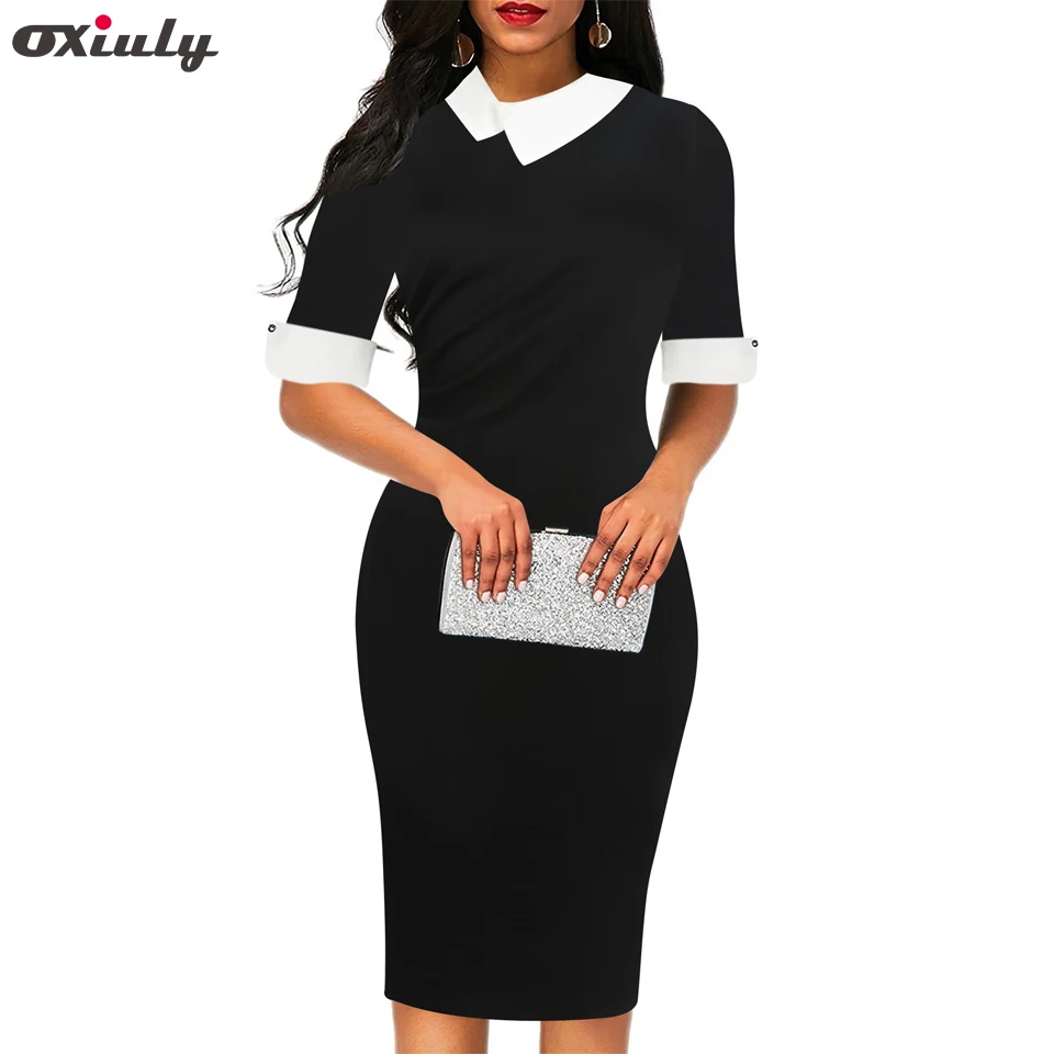 

Oxiuly Casual Plain Office Work Midi Pencil Dress Women Formal Stretch Summer Short Sleeve Bodycon Sheath Party Black Dress