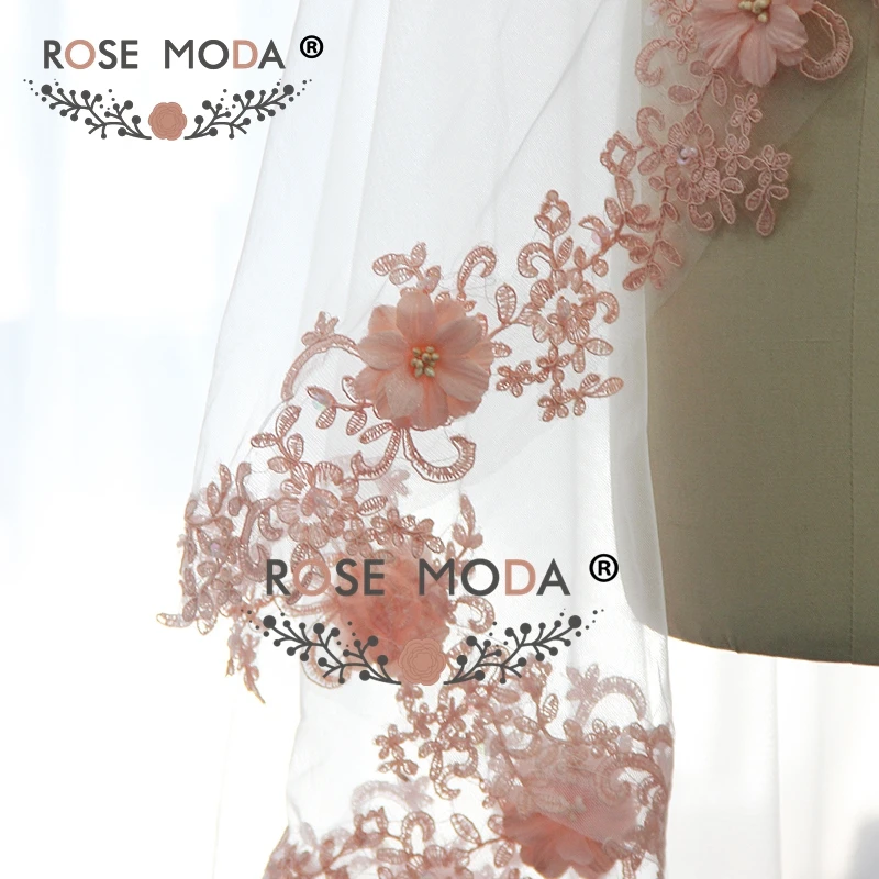 Rose Moda, сделанная на заказ, 200 см, Соборная вуаль с розовым кружевным подолом, мягкая Тюлевая Фата для невесты, белая, слоновая кость, 2 м, цветы ручной работы