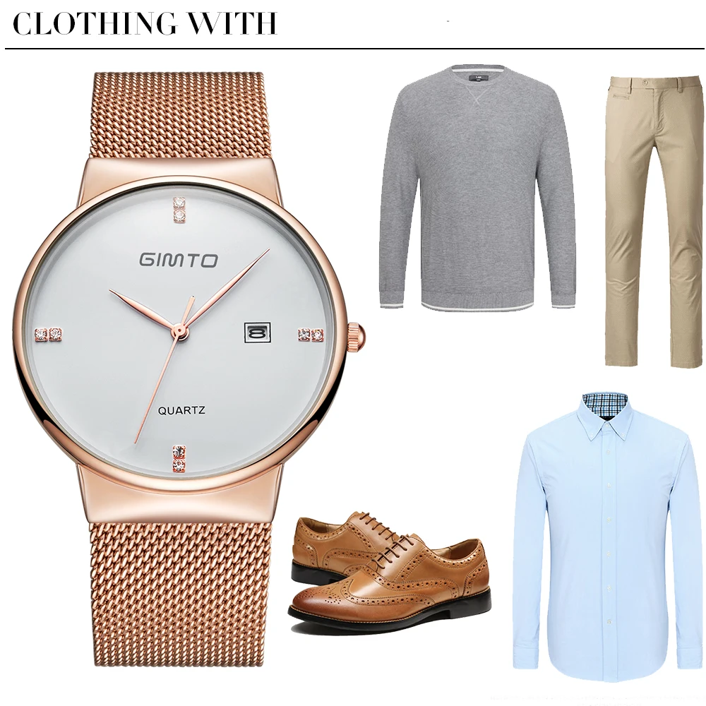2019 Мужские кварцевые часы из нержавеющей стали браслет для часов в сетку GIMTO