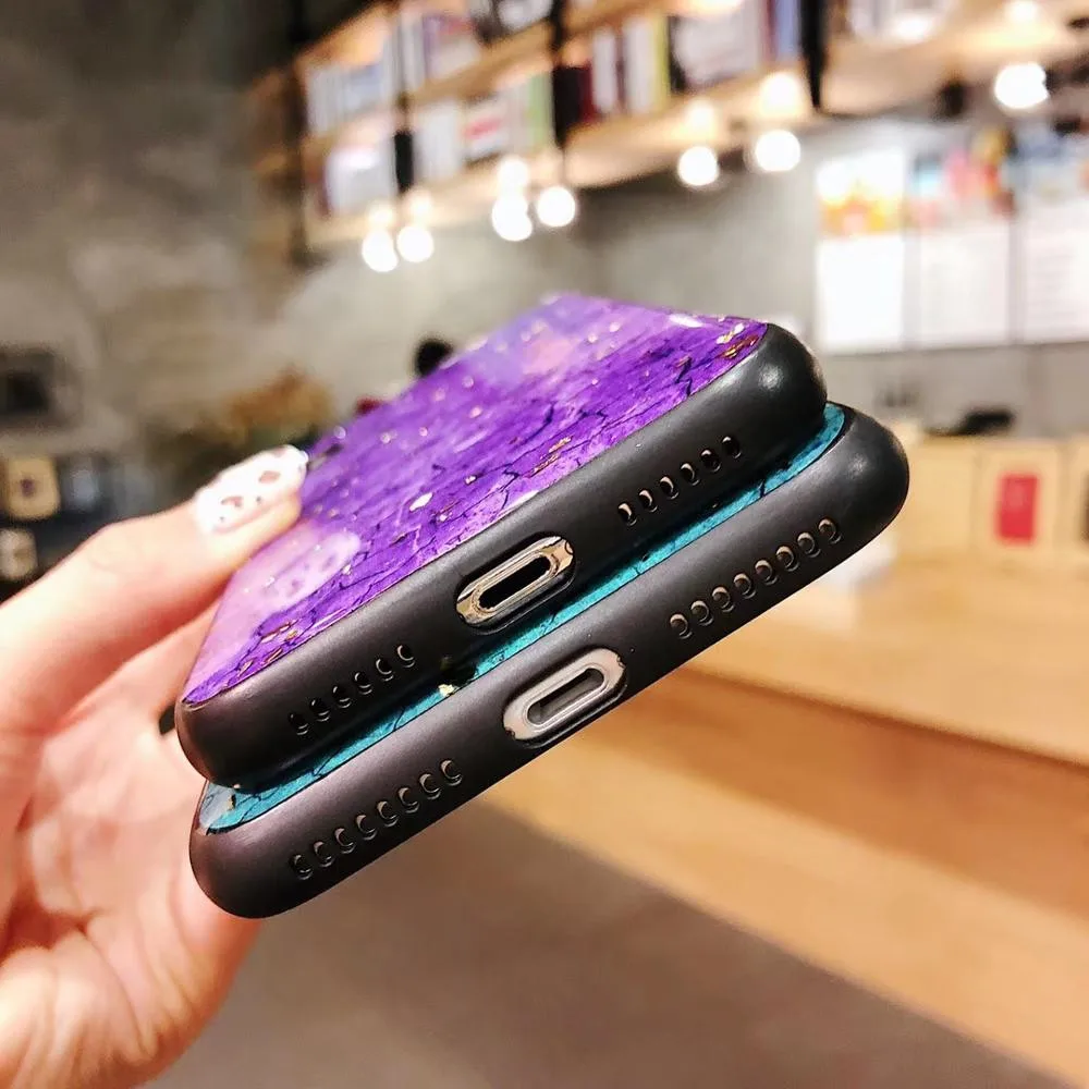 for iphone 6 6s 7 8 plus X Xs max Xr Violet Emerald Color Marble Phone Case Glitter Gold Foil Black Soft Edge Mobile Back Cover |