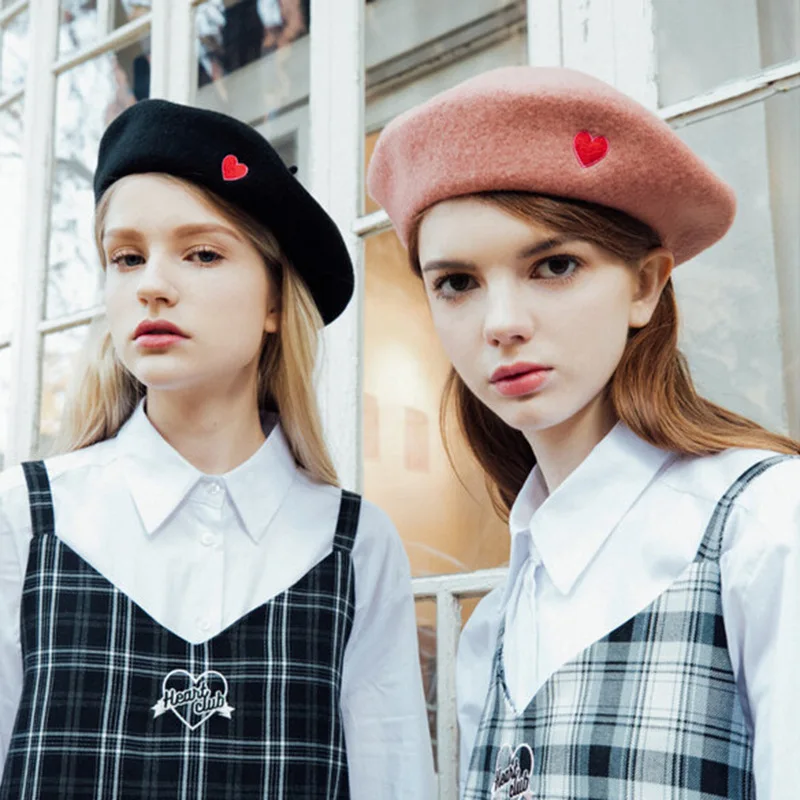 Женские береты осень-зима винтажный шерстяной берет с вышивкой в виде сердца