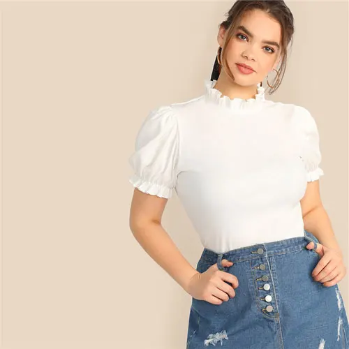 SHEIN Размера Плюс Трикотажная Футболка С Оригинальным Рукавом Элегантная Футболка С Пышными Рукавами - Цвет: Бежевый
