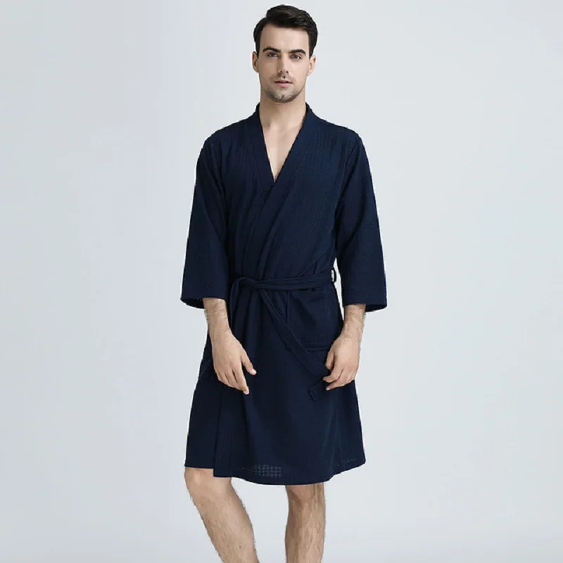 Navy Blue Men Для мужчин и женщин, летнее кимоно, банный халат, сосут воду, мужской халат, сексуальный трикотажный вафельный спа Халат, мужской Одноцветный Халат - Цвет: Navy Blue Men