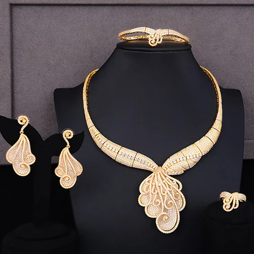Gold GODKI супер Роскошные Цветы кисточки полный микро кубический цирконий женское свадебное платье чокер ювелирные изделия серьги ожерелье набор - Окраска металла: Gold