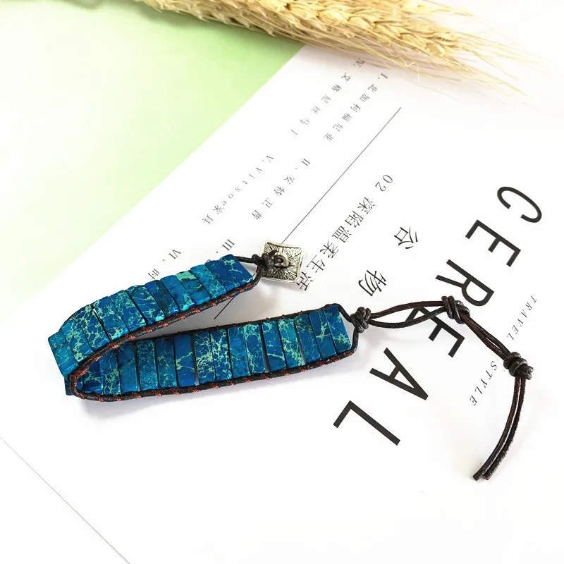 Unique Blue King Stone Bead Single Leather Wrap Bracelets Wholesale Handmade Bohemian Vintage Weaving Bracelet Wholesaler | Украшения и