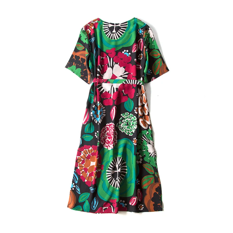 Женское платье из 100% натурального шелка с поясом летнее до колена короткими