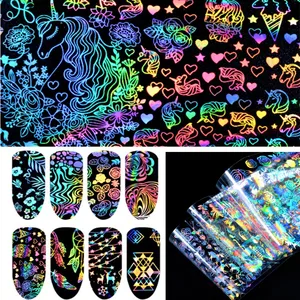 Фольга Лазерная голографическая для ногтей, 8 шт., Рождественский Ловец снов с единорогом, геометрические переводные наклейки для розовые блестки для ногтей, украшения для маникюра