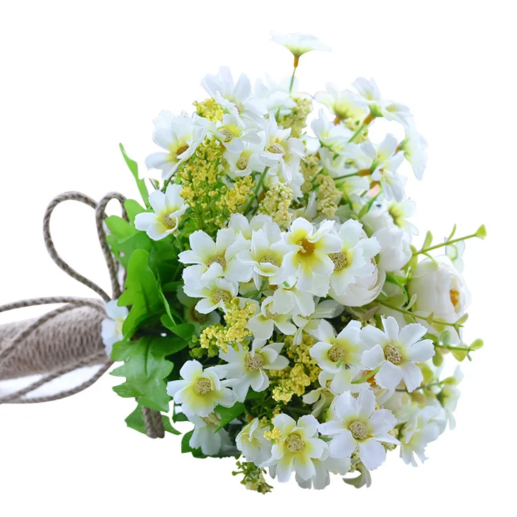 

JaneVini Countryside Style Bridesmaid Bridal Bouquet Artificial Daisy Braided Rope Handle Flower Wedding Bouquet White Brooch