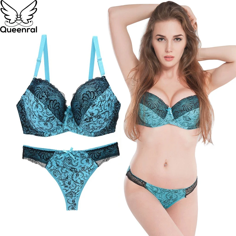 Queenral комплект нижнего белья пуш ап для женщин нижнее белье стринги и бра короткие