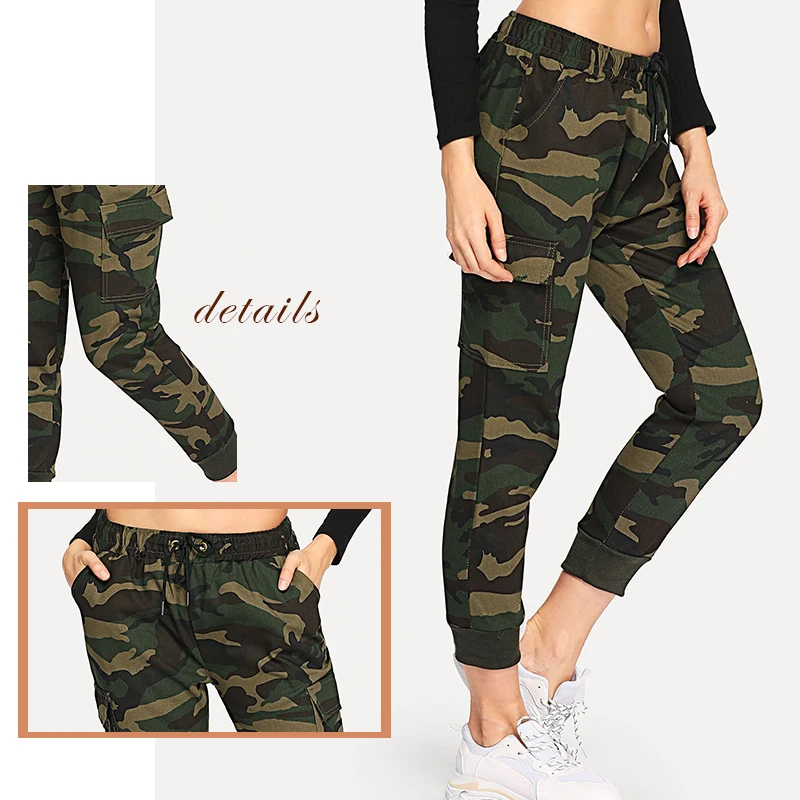 SweatyRocks камуфляжные джинсы с завязками на талии, с карманами сбоку, уличная одежда, женские штаны и брюки, новинка, весенние повседневные штаны