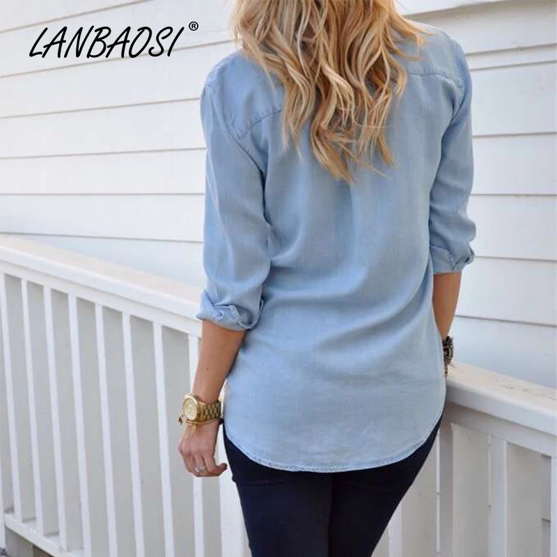 LANBAOSI джинсовые женские светло голубые рубашки повседневные свободные из хлопка