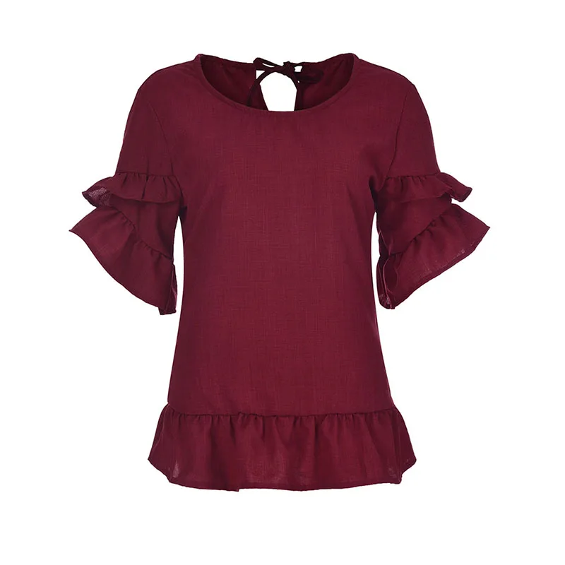 Женская офисная блузка с оборками Повседневная однотонная Элегантная круглым
