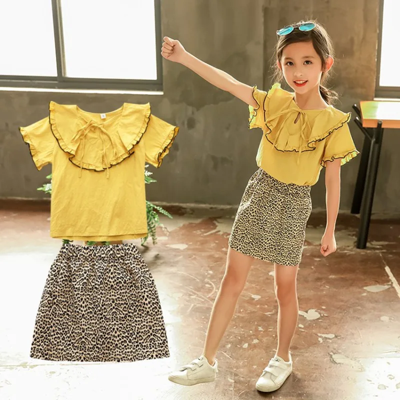 2 шт. детский хлопковый комплект одежды для девочек с коротким рукавом и юбкой |