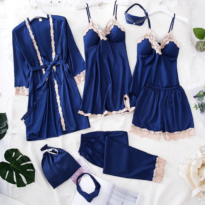 Женская атласная пижама 8 шт. шелковая Домашняя одежда с вышивкой пижамы для