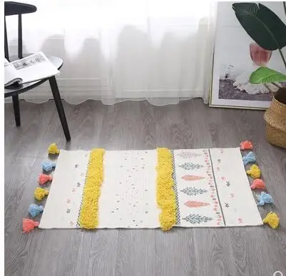 Богемный желтый геометрический дизайнерский коврик напольный с бахромой для