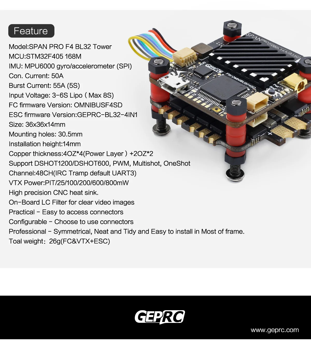 GEPRC SPAN PRO F4 BL32 50A Flytower STM32F405 168 м F4 Контроллер полета+ 3~ 6S 50A 4в1 ESC+ 48CH 5,8G VTX для FPV квадрокоптера дрона