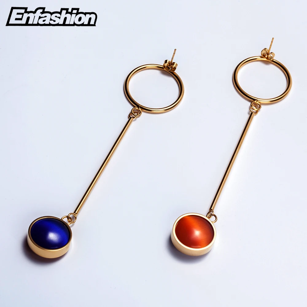 Enfashion, ювелирные изделия, цветные, с овальным камнем, свисающие серьги, золотой цвет, нержавеющая сталь, длинные висячие серьги для женщин, серьги EEF1015