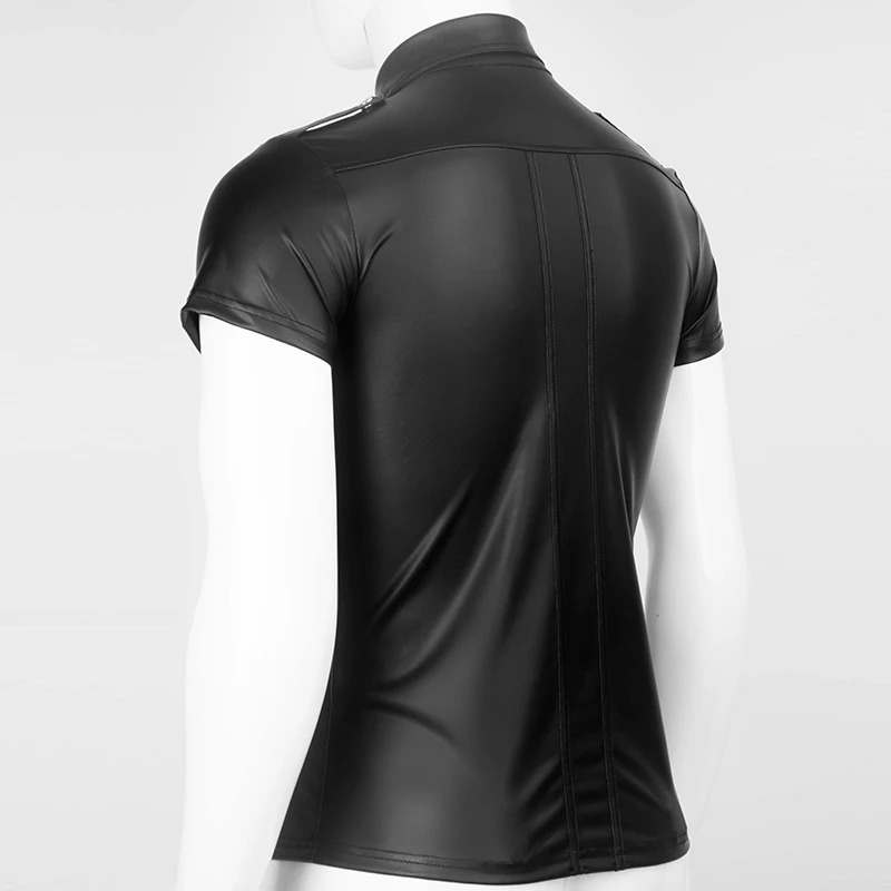 Black Sexy Mens Soft Faux Leather Police Uniform Shirt Tops with Snap Down Collar Plus Size Short Sleeve Clubwear | Мужская одежда