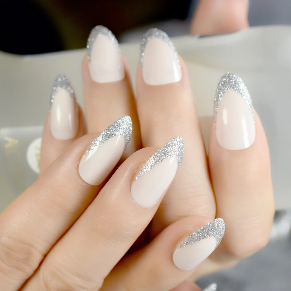 Бежевый миндаль Дизайн Типсы комплект блеск V Форма средней точкой стилет Ложные