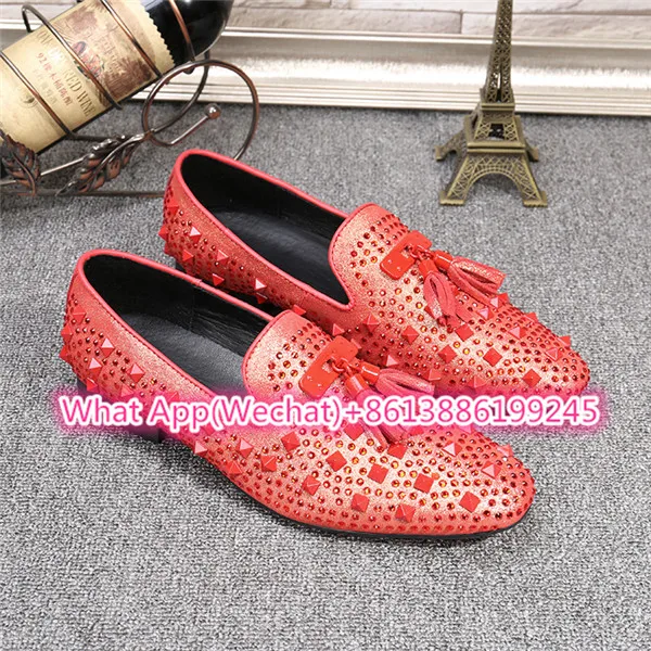 Мужская кожаная обувь на плоской подошве с заклепками Цвет Красный лоферы