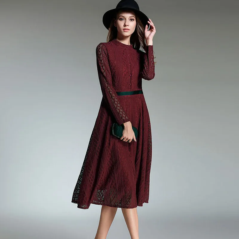 Модные женские туфли Кружево платье осень-зима Элегантный длинным рукавом