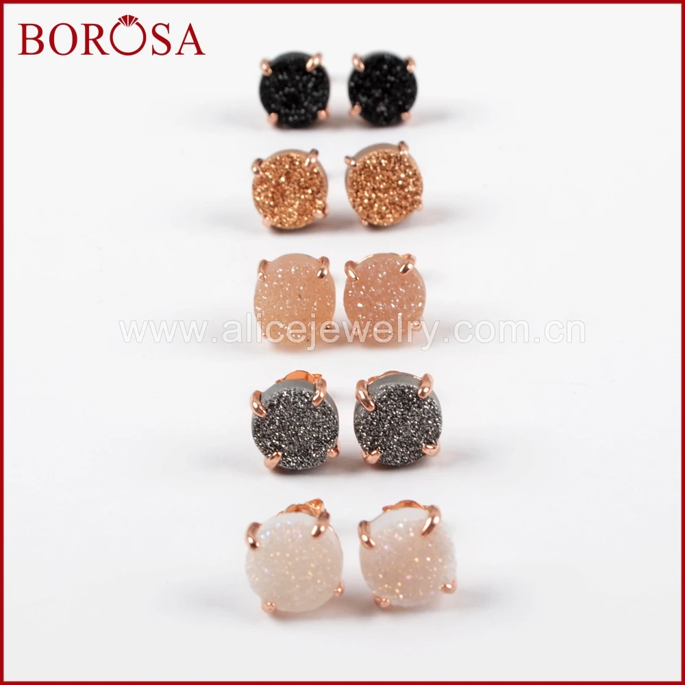 

BOROSA 5Pairs Mix Colors 10mm Round Rose Gold Claw Titanium Multi-color Drusy Geode Natural Druzy Stud Earrings for Women ZG0132