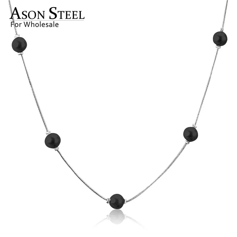 Silver ASONSTEEL Gold/Silver White Black Round Imitation Pearl Pendant Necklace Stainless Steel Snake Chain Jewelry Collars Gift Party - Окраска металла: Silver
