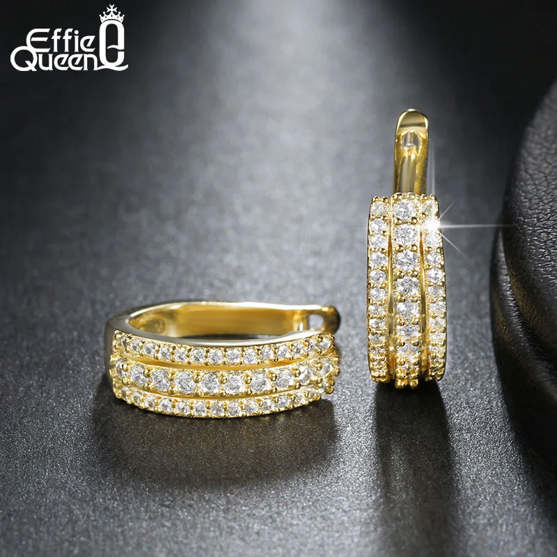 Gold-color Effie queen, уникальный дизайн, сережки серебряного цвета, 3 ряда, CZ, проложенные, Роскошные, для свадьбы, помолвки, маленькие серьги-кольца для женщин, DE147 - Окраска металла: Gold-color