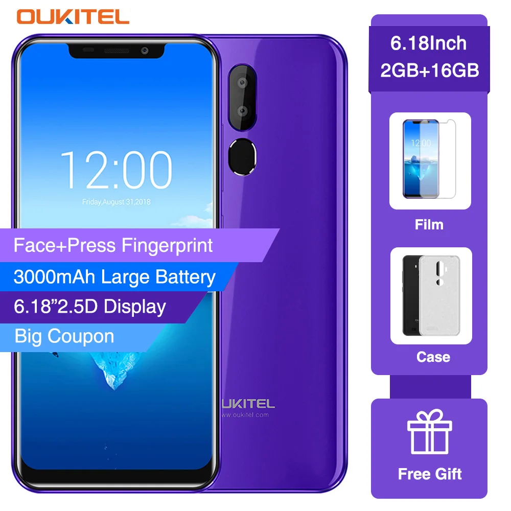 OUKITEL C12 MT6580 четырехъядерный смартфон Face ID 6 18 &quot19:9 8 Мп + 2 МП Гб ОЗУ 16 ПЗУ Android 1 3300 мАч
