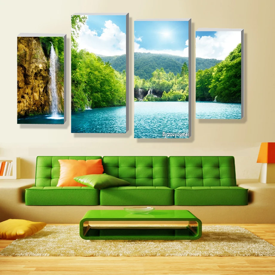4 панели голубое небо зеленый лес водопад пейзаж Картина цветы современные