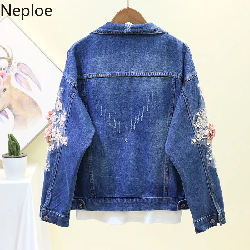 Neploe Spring Women Fashion Denim Jacket Embroidery Beading Flowers Short Jackets Coat Woman Long Sleeve Jean Jacket 90199