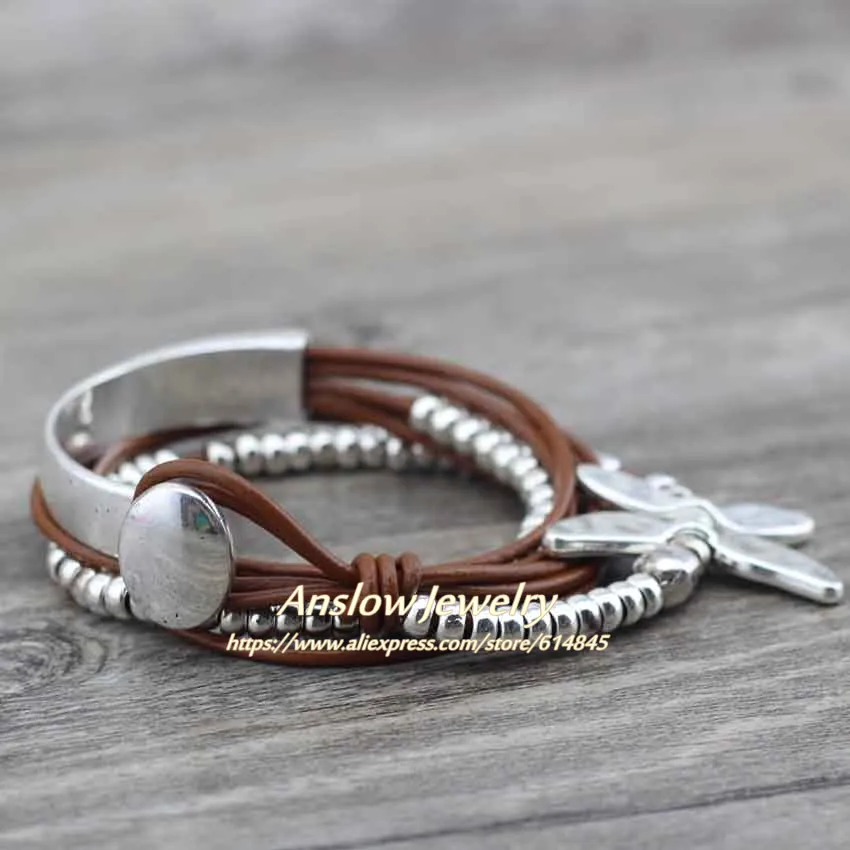 Женский кожаный браслет Anslow креативный дизайн обруч из цинкового сплава с