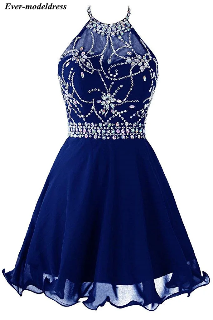 

Short Graduation Dresses 2019 Crystal Chiffon Halter Neck Backless Sexy Mini Homecoming Dresses Plus Size Cocktail Prom Gowns