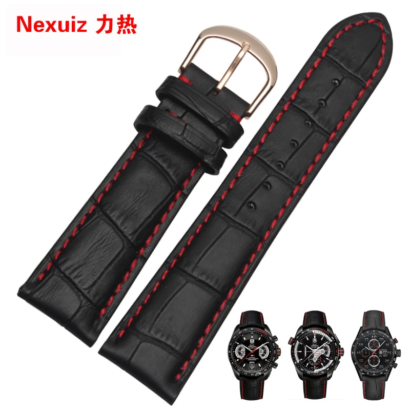 

18|19/20|21|22|24mm Cowhide Leather genuine leather Watchbands Ladies Men Watch Stylish Black red line watch strap