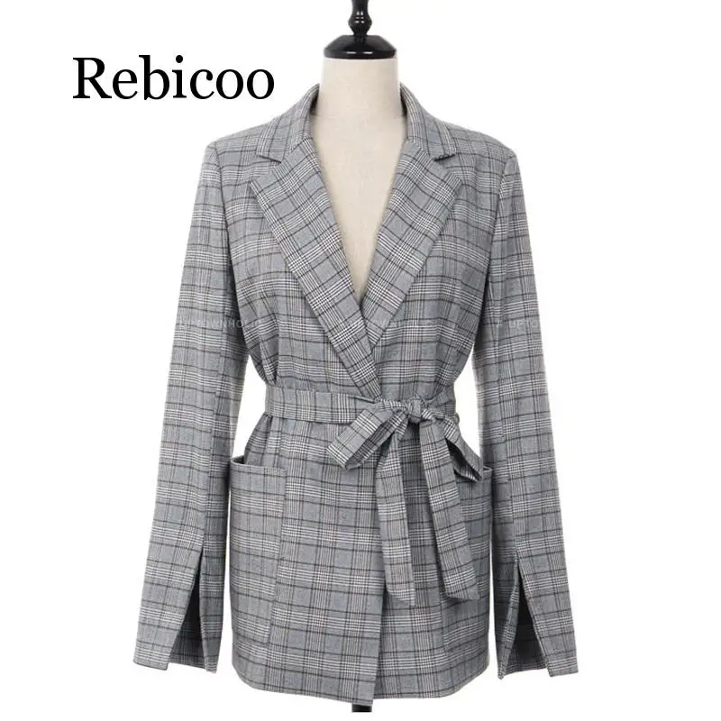 

Autumn Women Jackets Gray Plaid Office Lady 2019 Fashion Bow Sashes Split Sleeve Jackets Elegant Coats