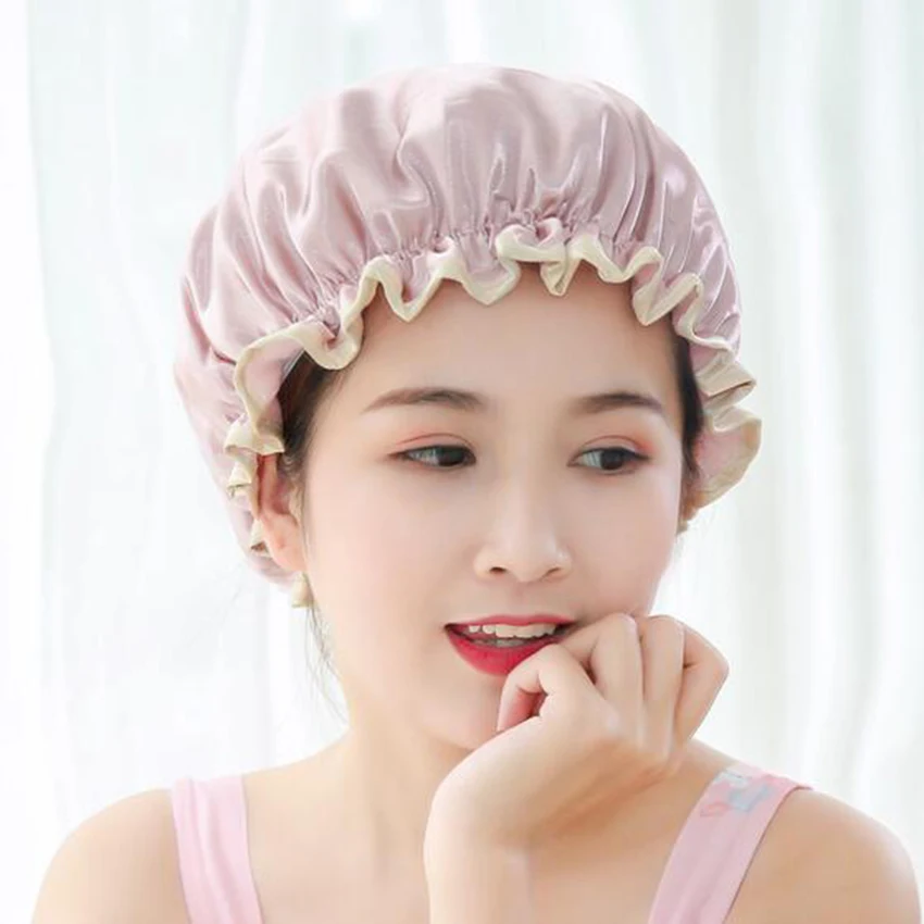 

1pc Lovely Thick Women Shower Satin Hats Colorful Bath Shower Caps Hair Cover Double waterproof Bathing Cap Wholesale