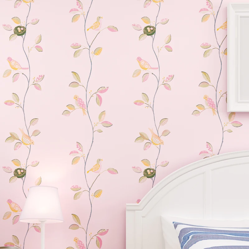 Пасторальные романтические современные Розовые Обои 3D Цветы и птицы розовые