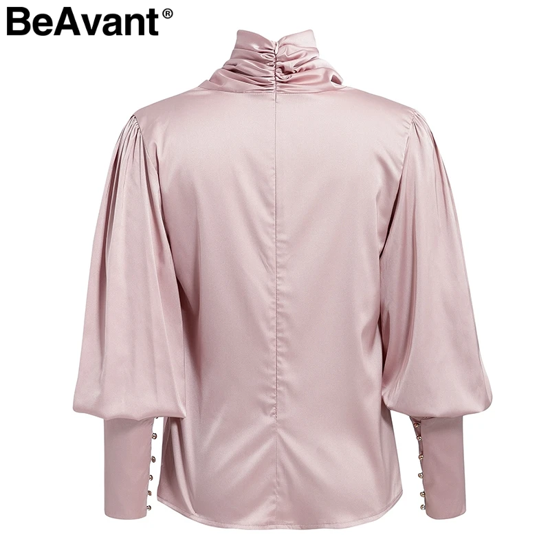 BeAvant, винтажная сатиновая блузка с высоким воротом, женская розовая плиссированная Роскошная блузка с длинным рукавом, рубашка, элегантные модные вечерние топы на пуговицах