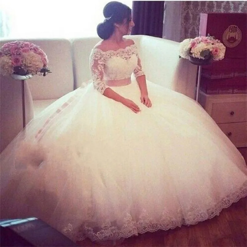 Халат Де Mariage Бальное платье Половина Рукава Пояса Кружева Аппликация Тюль