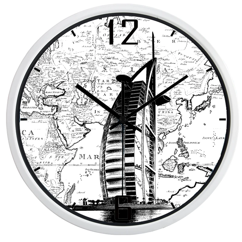 Большие декоративные настенные часы с изображением карты мира по времени Дубая