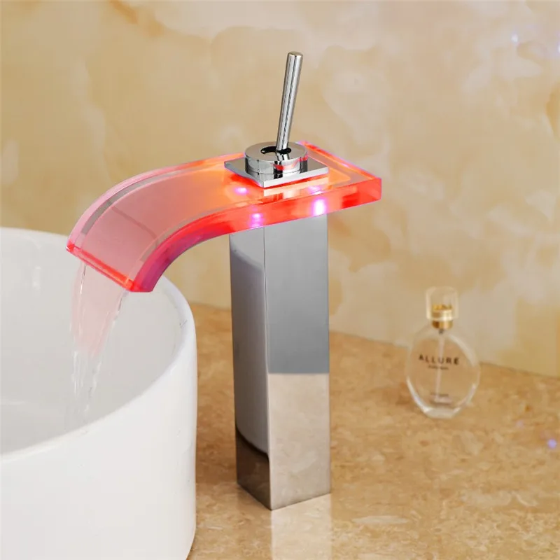 Светодиодный кран с водопадом для ванной комнаты смеситель раковины. Стеклянный
