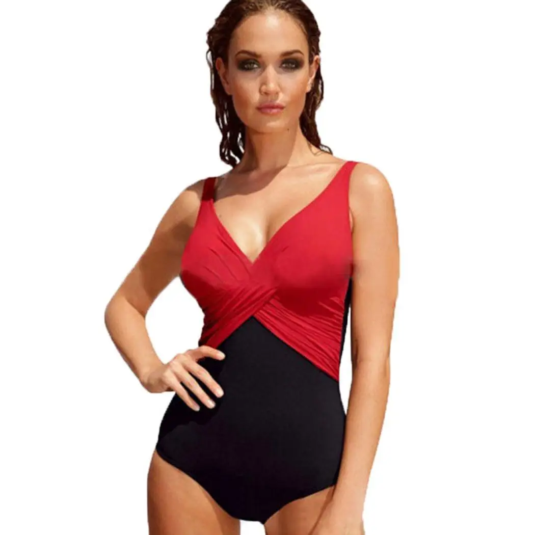 Женская мода пэчворк V шеи Один Купальник с рюшами короткий Yes кусок плавательный