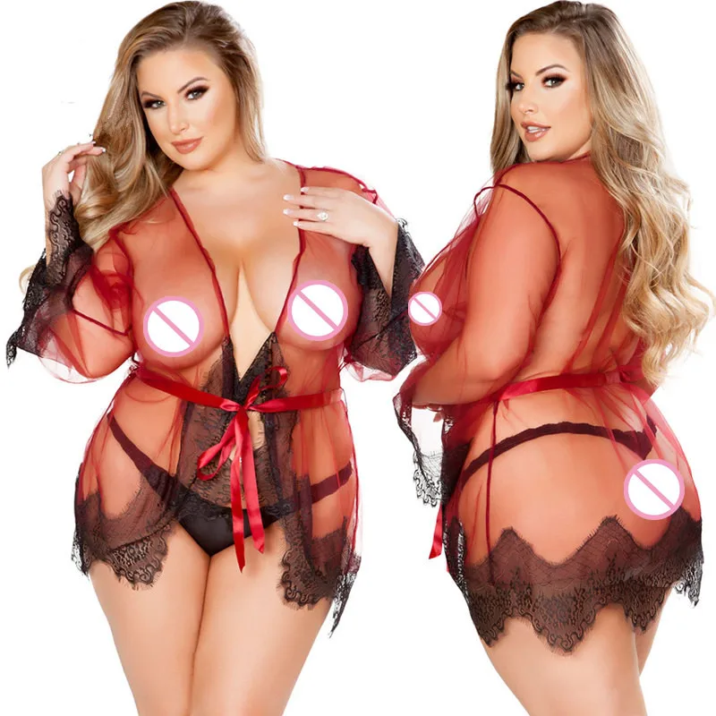 Эротическое белье размера плюс XXXL, женское нижнее белье, кружевные прозрачные халаты, сексуальное ночное белье, костюмы, сексуальная ночная сорочка с длинным рукавом