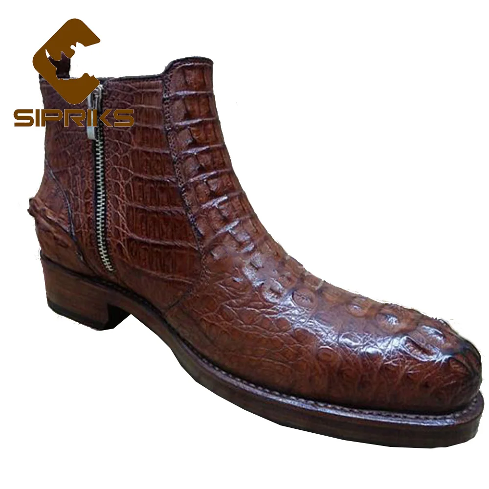 

Sipriks Mens Bespoke Goodyear Boots Unique Black Crocodile Skin Zipper Shoes Alligator Leather Cowboy Boot Brown Male Ankle Boot